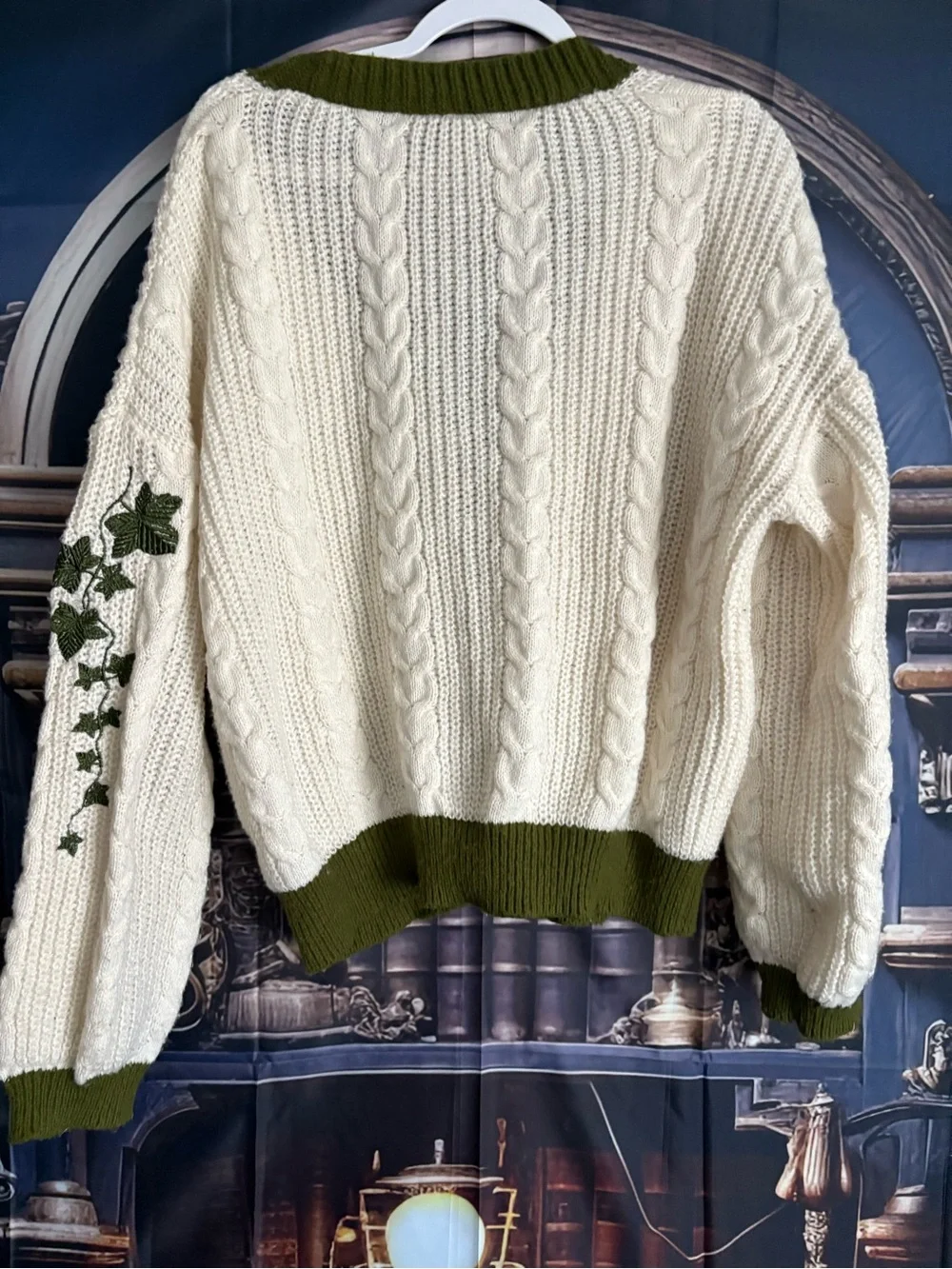 T.S. Evermore Cream Cable Knit Cardigan with Olive Trim - Picture 6 of 7